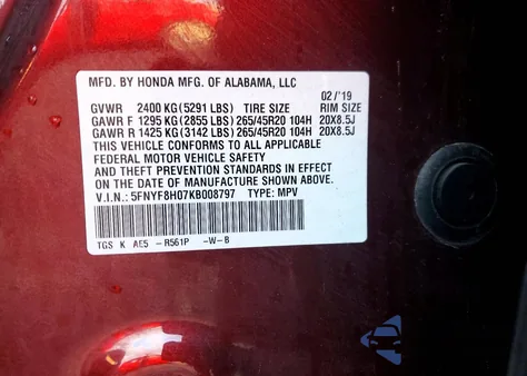 2019 Honda Passport Elite z USA, uszkodzony, nr VIN 5FNYF8H07KB008797